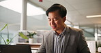 Corporate, smile and Asian man with laptop, office and sales manager with notes for project and typing. Reading, employee and person with tech for financial report, review and planning in business