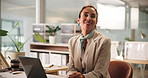 Face, laptop and smile of business woman in office for financial, portfolio or wealth management. Audit, computer and investment banking with happy accountant in workplace for bookkeeping or budget