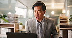 Talking, video call and man with laptop, business and sales manager with app for project and corporate. Communication, employee and Asian person with tech for conversation, web and feedback in office