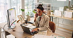 Business, phone call and woman in office, conversation and magazine editor with schedule. Person, employee and journalist in workplace, cellphone and discussion with research for article and chatting