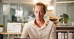 Accountant, night and man on laptop for bookkeeping, research or investment in office. Finance report, overtime or serious accountant in workplace for audit review, profit growth or tax compliance