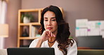 Entrepreneur, laptop and woman with thinking on sofa for story development, creative inspiration or editing. Mature person, remote work and writer with article ideas, proofreading or research in home