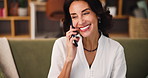 Hands, answer phone call and happy woman in home for conversation, gossip and chat with contact. Mobile, talking and person in living room for communication, story and freelancer on break to relax