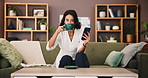Drinking coffee, relax and woman with smartphone, home and reading ebook on website, happy or lounge. Chilling, reader and person with mobile for entertainment, tea or tech for digital novel in house