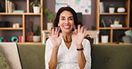 Happy, waving and face of woman on sofa with vlogging, social media or content creation. Greeting, smile and portrait of mature female influencer recording in living room for webinar or video call.