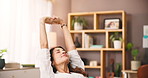 Stretching, relax and woman on sofa in house for calm, peace and zen weekend in afternoon. Happy, stress free and female person in living room for wellness, health and break on holiday in apartment.
