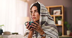 Cold, blanket and woman with tea in home for virus recovery, healing and ginger treatment. Sick, mature person and relax on sofa with honey drink for health benefits, wellness or resting from illness