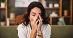 Headache, exhaustion and woman on sofa in home with brain fog, fatigue or hangover recovery. Stress, mental health and female person with temple massage for pain, tired or burnout in apartment.