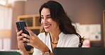 Reading, relax and woman with smartphone, happy or ebook on website in home, online or living room. Chilling, reader and person with mobile for entertainment, smile or tech for digital novel in house