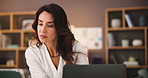 Home, woman and tablet and laptop for reading, research information and content writer for freelance. House, mature journalist and thinking with digital for newsletter, editing story and remote work