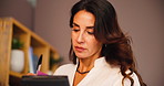 Writing, serious and woman with notes, office and event planner with ideas for project or creative. Agency, employee and mature person with notebook for info, contemplating and schedule for business