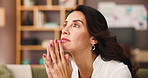 Serious, thinking and woman in home for reflection of mindset, daydreaming or lost in thoughts. Idea, planning or person with decision in living room, problem solving and remember memory with vision