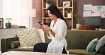 Happy, reading and woman with smartphone, home and excited for newb ebook on web and living room. Chilling, reader and person with mobile for entertainment, smile and tech for digital novel in house
