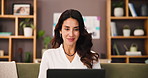 Entrepreneur, reading and woman with laptop on sofa for positive editor feedback, blog publication and proofreading. Mature person, remote work and writer with research and creative project in home