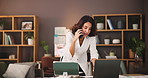 Phone call, laptop and business woman in home office for marketing analyst, virtual consultant and web data. Seo stats, ad performance and online with person and contact for networking and research