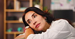 Relax, thinking and woman in home for reflection of mindset, daydreaming or lost in thoughts. Idea, planning or person with decision in living room, inspiration or remember serious memory with vision