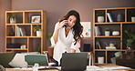 Phone call, research and business woman in home office for marketing analyst, virtual consultant and web data. Seo stats, ad performance and laptop with person and contact for networking and planning