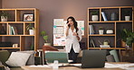 Phone call, chart and business woman in home office for marketing analyst, virtual consultant and web data. Seo stats, ad performance and graph with person and contact for networking and research