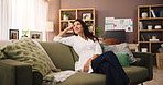 Relax, thinking or happy woman in home for reflection of mindset, daydreaming or thoughts with peace. Idea, planning or person with decision in living room, inspiration or remember memory with vision