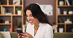 Laughing, relax and woman with smartphone, home and typing review of ebook, website and living room. Happy, reader and person with mobile for digital novel, entertainment and comment on app in house