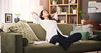 Stretching, calm and woman on sofa in home for relax, peace and zen weekend in afternoon. Happy, stress free and female person in living room for wellness, health and break on holiday in apartment.