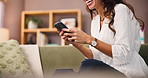 Laughing, texting and woman with smartphone, home or reading review for ebook on social media or happy. Chilling, reader and smile for rating of digital novel, relax or person with mobile for comment