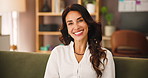 Confident, smile and face of businesswoman in home office for professional career, remote work and break. Interior designer, happiness and mature freelancer resting on house sofa for creative decor