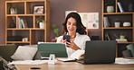 Remote work, smile and woman with smartphone, home and communication with contact for project and online. House, media strategist and person with mobile for budget management, texting and ad campaign