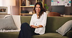 Confident, happy and face of businesswoman in home office for professional career, remote work or break. Interior designer, laughing or mature freelancer resting with smile on sofa for creative decor