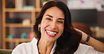 Confident, laughing or face of businesswoman in home office for professional career, remote work and break. Interior designer, happy and mature freelancer resting on house sofa for creative decor