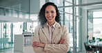 Business, crossed arms and face of happy woman in office for financial career, ambition and pride. Professional, corporate and portrait of person for finance advisor, investment agency and consultant