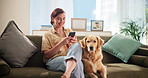 Texting, dog or woman with phone in house for pet insurance, social media post or adoption. Relax, animal rescue and person with labrador or mobile for foster care, online search and app subscription