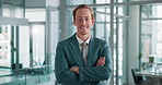 Office, crossed arms and face of business man for financial career, ambition and confidence. Professional, corporate and portrait of person for finance advisor, investment agency and consultant