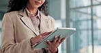 Tablet, hands and businesswoman in office with reading for online stock market, profit or revenue. Digital technology, research and female financial manager with email for contact with budget report.