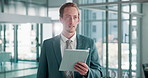 Business, thinking and man in office, tablet and typing with problem solving, email or app. Person, financial consultant or employee with fintech, accounting or communication with network or internet