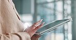 Tablet, hands and businesswoman in office with email for online report with stock market, profit or revenue. Digital technology, typing and financial manager with research for company budget proposal