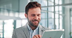 Office, businessman and financial advisor with tablet for investment, reading review and smile. Digital, male person and risk management consultant for finance report, proposal and online for email