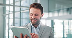 Office, businessman and financial advisor with tablet for report, investment update and smile. Digital, male person and risk management consultant for finance review, proposal and online for email