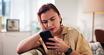 Text, stress and woman in home with phone for reading notification, university results or bad news. Upset, unhappy and confused female student with rejection message, registration update or exam fail