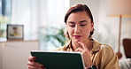 Sofa, woman and thinking with tablet for reading, choose movie and connection for subscription at home. House, female person and relax with digital for streaming entertainment, select film and smile