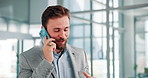 Businessman, talking and happy with phone call in office for financial deal, investment feedback and business proposal. Account manager, news or speaking to client for corporate negotiation or update