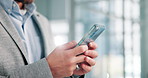 Businessman, hands and mobile in office for contact, check email and connectivity for ecommerce. Trader, website and typing on phone for economy news, investment research and search in trading app