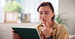 Home, woman and thinking with tablet for reading, choose movie and connection for subscription on sofa. House, female person and relax with digital for streaming entertainment, select film and smile
