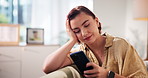 Woman, rest and scroll with phone at house for browsing social media, messages and notification. Person, relax and mobile app for reading ebook, online search and download game of entertainment break