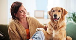 Home, woman and happy with dog on sofa for animal care, stroke and domestic companion. Loyalty, pet owner and golden retriever in living room with scratch, playing and love for protection and support