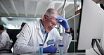 Scientist, man and computer at laboratory with headache, stress and mistake with sample in pharmaceutical study. Mature person, migraine and frustrated with medical research, insight and burnout
