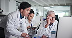 People, scientist and discussion in group at lab, medical research and problem solving for solution. Men, woman and team with pc for clinical trial, listening and point for pharmaceutical study