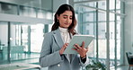 Office, businesswoman and financial advisor with tablet for report, investment review and smile. Digital, female person and risk management consultant for finance research, proposal and reading email