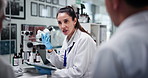 Discussion, scientist and group with medicine, lab and quality control for drug research and innovation. Healthcare, colleagues and clinical trail of treatment in clinic, people and experiment
