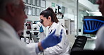 Medicine, woman with microscope, healthcare and quality control for drug research, tech and innovation. Experiment, pharmaceutical and people with analysis of antibiotics, scientists and clinic